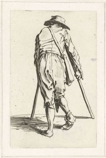 Beggar with crutches, seen from the back