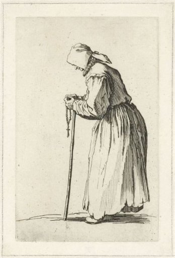 Beggar woman with a rosary and a staff