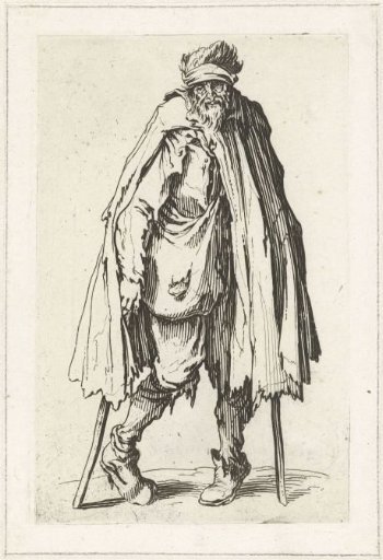 Beggar with crutches, seen from the front