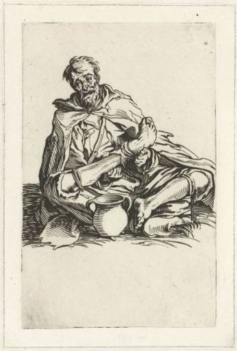 Seated beggar with a jug