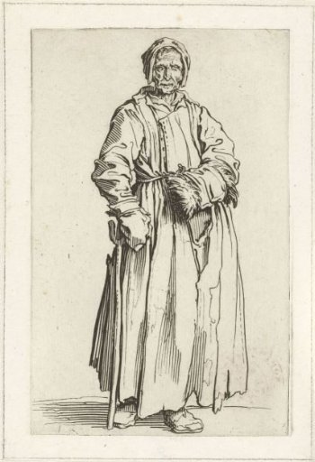 Beggar woman with a muff and a staff