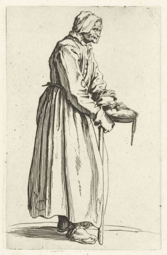 Female beggar with an alms box and a staff