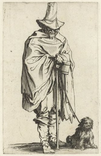 Beggar with a staff, a money box and a dog