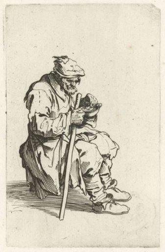 Seated beggar with a bowl and a staff