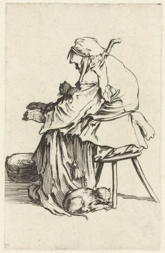 Seated female beggar with two cats by a pot with hot coals