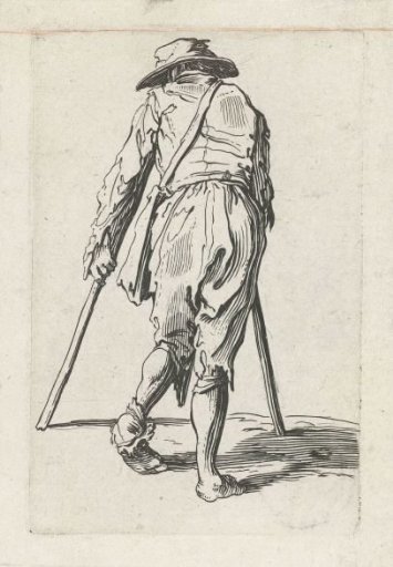 Beggar with crutches, seen from the back