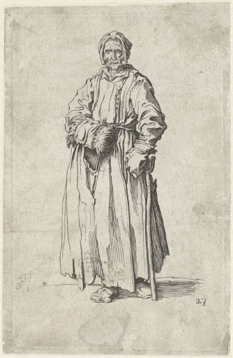 Female beggar with a muff and a staff