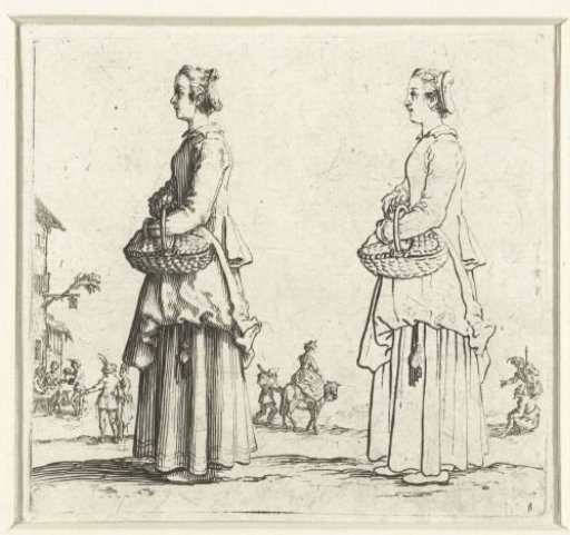 Two views of the same peasant woman with a wicker basket, seen from the left