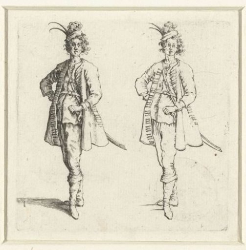 Two views of the same soldier with a small plumed hat and hand on hip, seen from the front