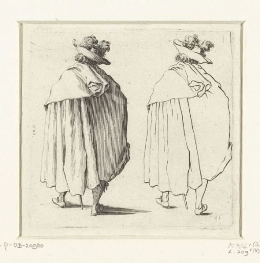Two views of the same soldier with a large plumed hat and mantle, seen from the back