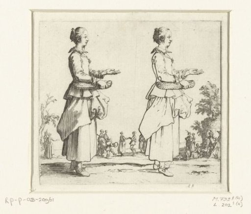 Two views of the same peasant woman with a wicker basket, seen from the right
