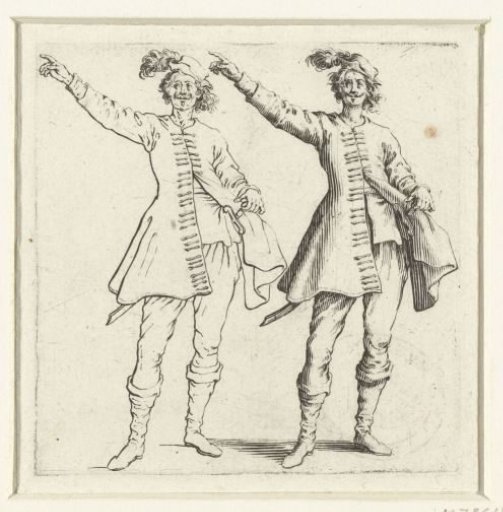Two views of the same soldier with a small plumed hat and raised arm, seen from the front