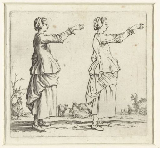 Two views of the same peasant woman with raised arm, seen from the right