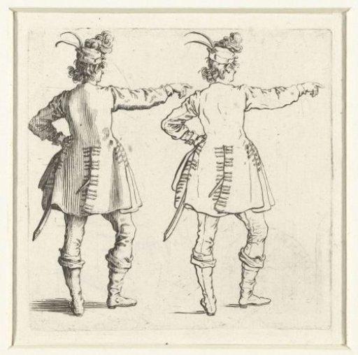 Two views of the same soldier with a small plumed hat and raised arm, seen from the back