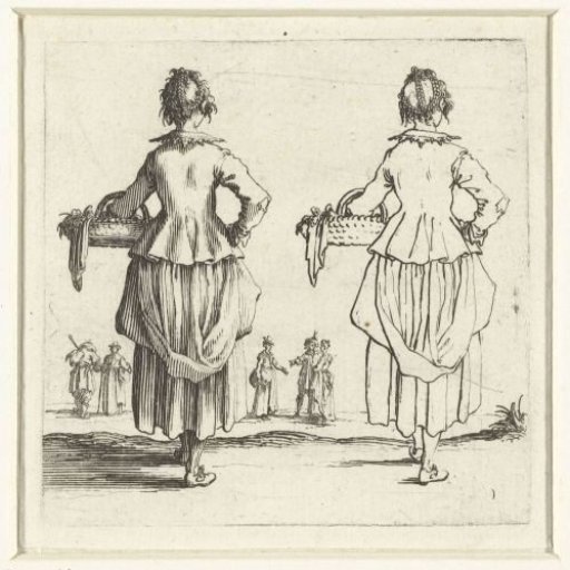 Two views of the same peasant woman with a wicker basket, seen from the back