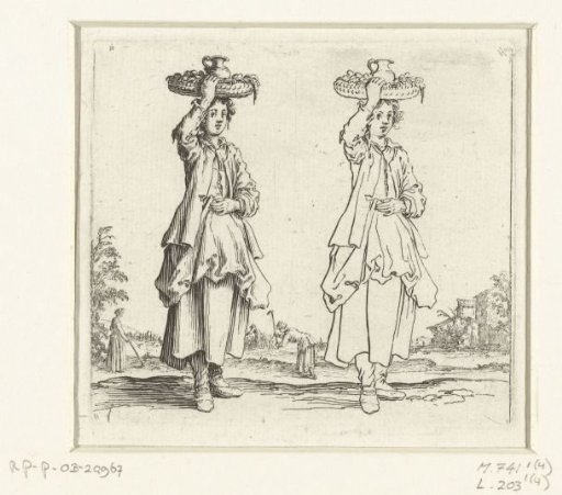 Two views of the same peasant woman with a wicker basket, seen from the front