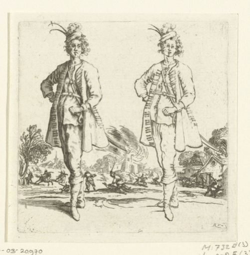 Two views of the same soldier with a small plumed hat and hand on hip, seen from the front