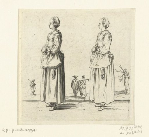 Two views of the same peasant woman with hands clasped, seen from the left