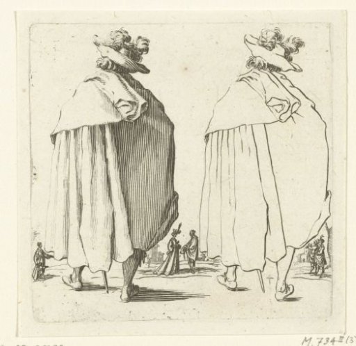 Two views of the same soldier with a large plumed hat and mantle, seen from the back