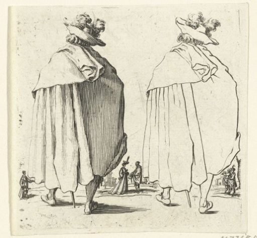 Two views of the same soldier with a large plumed hat and mantle, seen from the back
