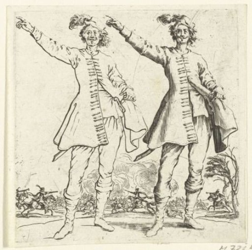 Two views of the same soldier with a small plumed hat and raised arm, seen from the front