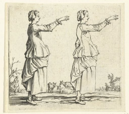 Two views of the same peasant woman with raised arm, seen from the right