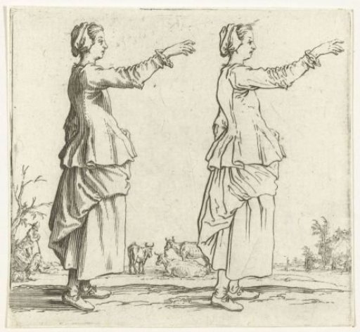 Two views of the same peasant woman with raised arm, seen from the right
