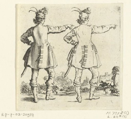 Two views of the same soldier with a small plumed hat and raised arm, seen from the back