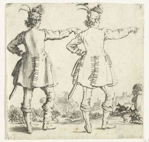 Two views of the same soldier with a small plumed hat and raised arm, seen from the back