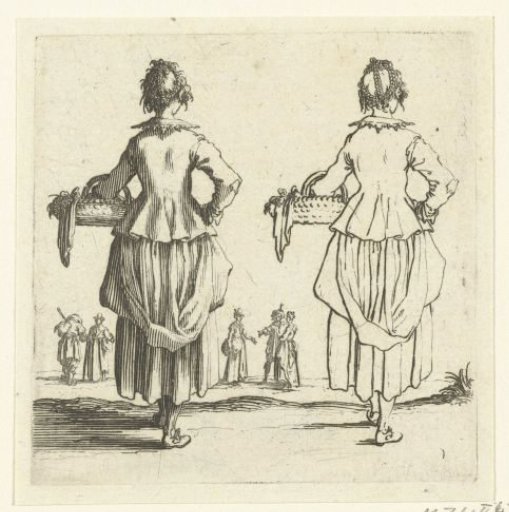 Two views of the same peasant woman with a wicker basket, seen from the back