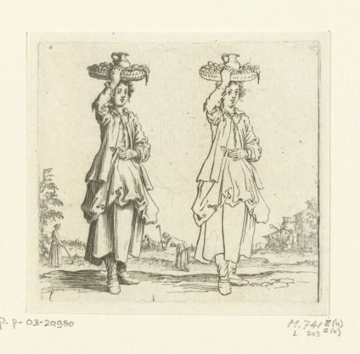 Two views of the same peasant woman with a wicker basket, seen from the front