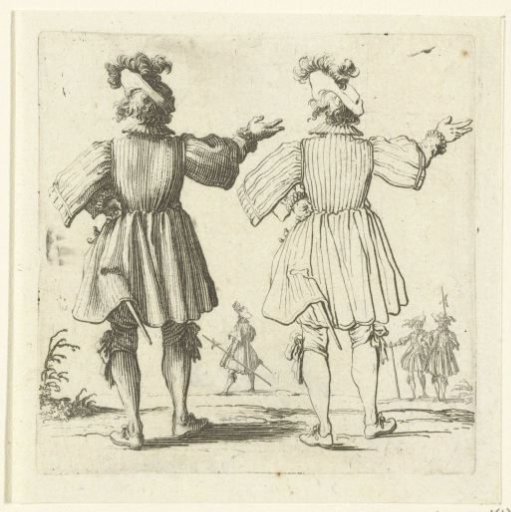 Two views of the same soldier with a large plumed hat and raised arm, seen from the back