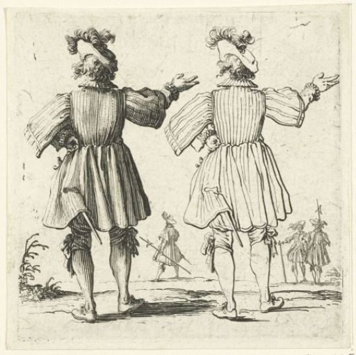 Two views of the same soldier with a large plumed hat and raised arm, seen from the back
