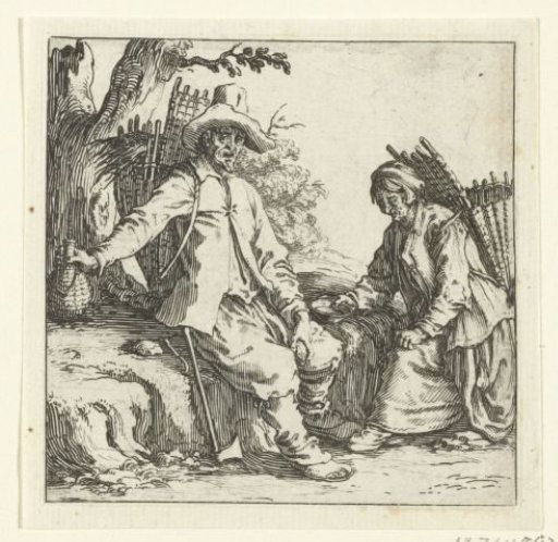 Peasant man and woman with baskets on their backs