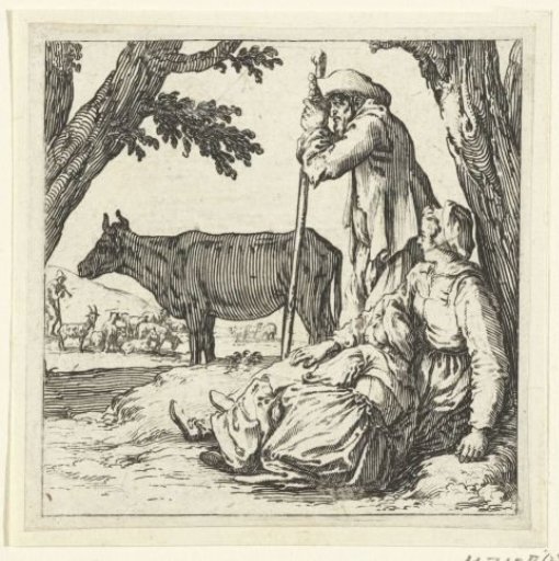 Peasant man, woman and daughter with a cow