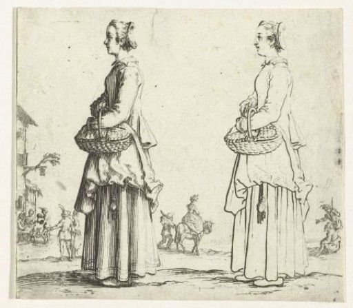 Two views of the same peasant woman with a wicker basket, seen from the left