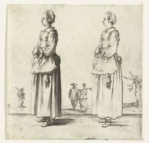 Two views of the same peasant woman with hands clasped, seen from the left
