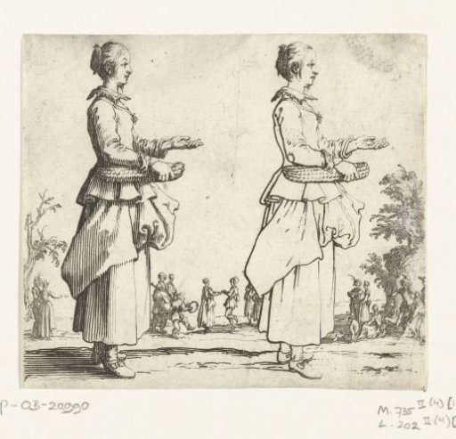 Two views of the same peasant woman with a wicker basket, seen from the right