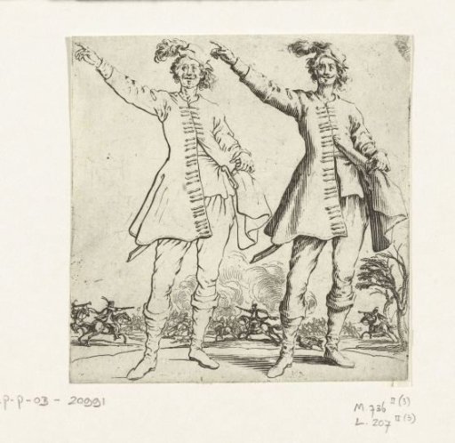 Two views of the same soldier with a small plumed hat and raised arm, seen from the front