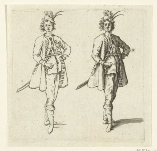 Two views of the same soldier with a small plumed hat and hand on hip, seen from the front