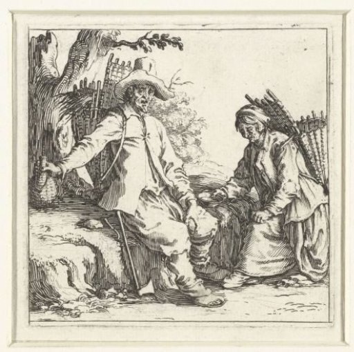 Peasant man and woman with baskets on their backs