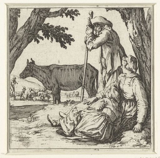 Peasant man, woman and daughter with a cow