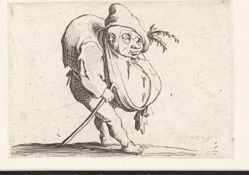 Little man (caricature) with a walking stick