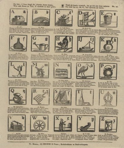 Behold here, O dear youth who always loves to play, / What our art and diligence offer you in this print; / If you find pleasure in it, which you cannot do without, / You can learn the A, B, C here while playing
