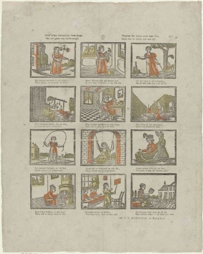 This print shows you, dear youth, / The full joy of childhood. / When the girl shows her diligence, / She also has time for play