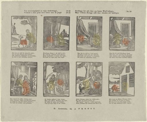 Of imprudence and wise childlike virtue, / This print shows you two lessons for the youth. / Little Red Riding Hood allowed herself to be deceived by a deceitful wolf, / But Little Thumb was not deceived even by friends