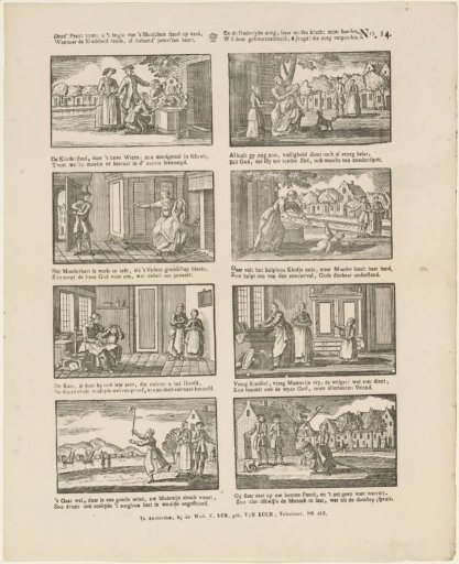 This print shows you the beginning of man's estate on earth, / When childhood already brings a thousand sorrows. / And parental care must guard its tender strength, / O youth! repay that care through obedience