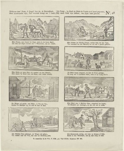 Consider this print, oh youth! how the peasant class, / Through tireless diligence, brings much benefit to the land, / He plows, he sows, and reaps the fruit sprung from the earth, / He thanks God's wise governance, enjoyed by his hand