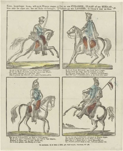 Come, young men, come, if you wish to bear arms, / Choose according to your own taste, what suits your pleasure, / Whether a cuirassier, uhlans, or a hussar, / If you choose a lancers, the service is ready for you