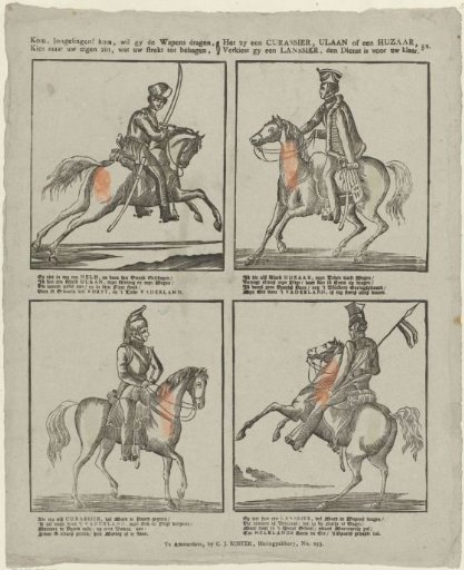 Come, young men, come, if you wish to bear arms, / Choose according to your own taste, what suits your pleasure, / Whether a cuirassier, uhlans, or a hussar, / If you choose a lancers, the service is ready for you